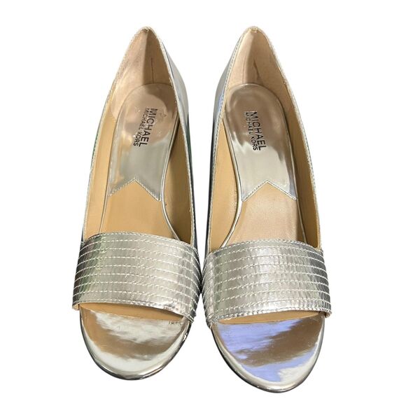 Michael Michael Kors Shoes Womens Size 9.5 Silver Metallic Wedge Heels Open Toe - Picture 3 of 12
